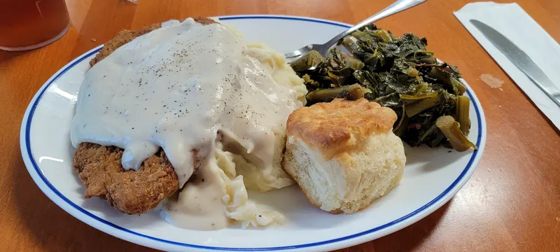 Country fried steak, collards & a biscuit